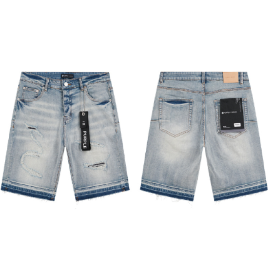 Light Blue Washed Denim Shorts with Knee Slit and Raw Hem